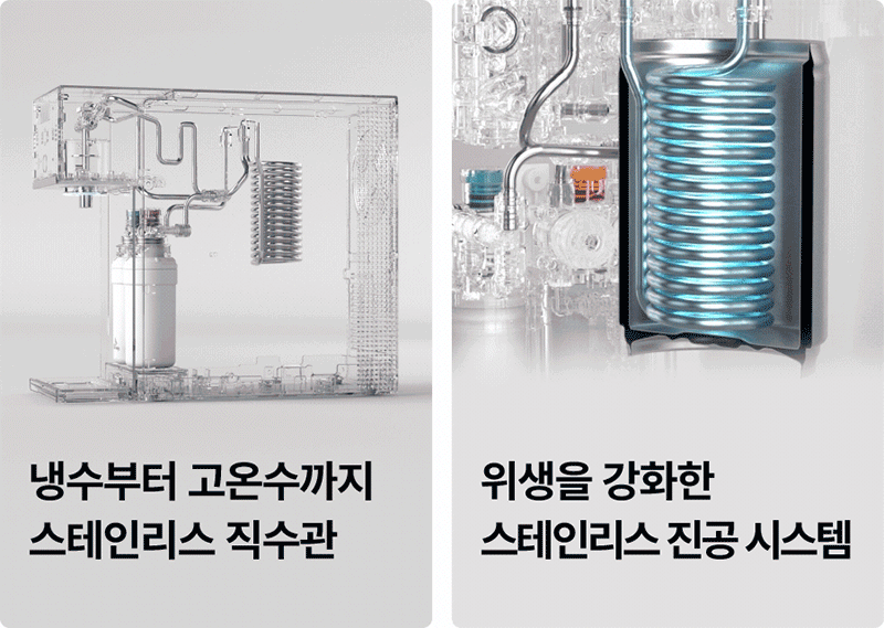 SK매직 직수 정수기 위생 시스템 가이드: 냉수부터 고온수까지 오염과 부식 걱정 없는 스테인리스 직수관 및 위생을 강화한 스테인리스 진공 시스템 내부 구조도 이미지