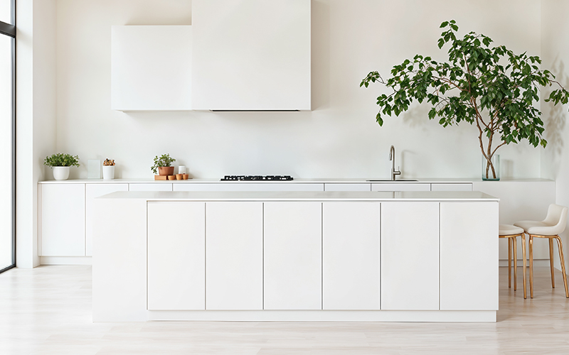 SK매직 정수기 설치 및 서비스 FAQ 가이드: 미니멀한 화이트 톤의 넓고 깨끗한 주방 인테리어 연출 이미지. 기본 AS 1년 및 렌탈 기간 내 무상 AS 혜택과 합리적인 설치 비용 안내