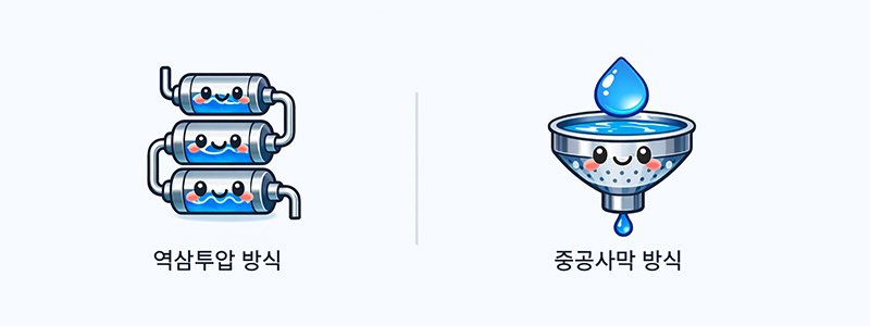 역삼투압 정수기와 중공사막 정수기 차이점과 정수 원리를 설명하는 비교 이미지