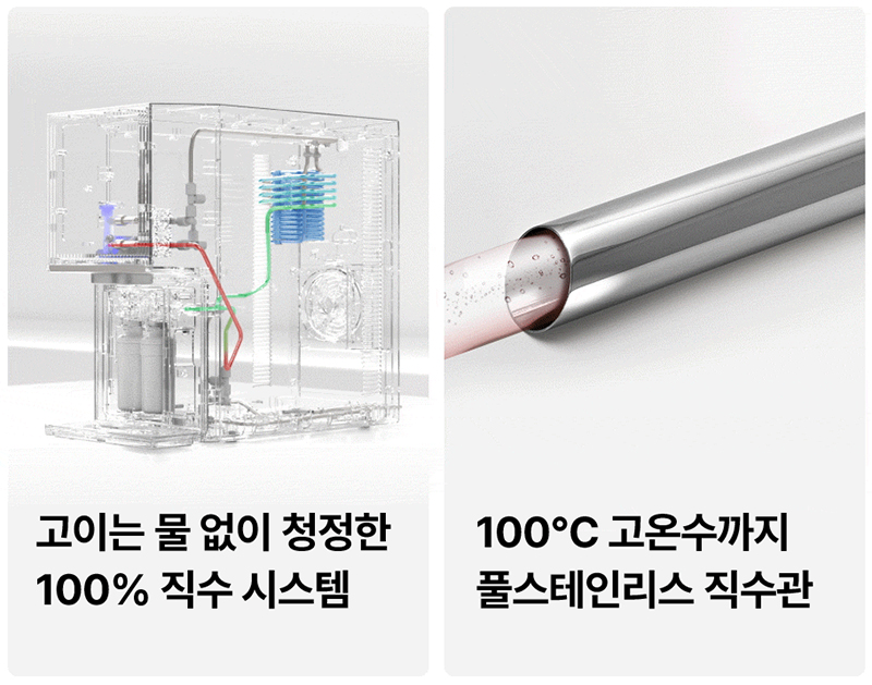 SK매직 얼음물 정수기의 100% 직수형 정수 시스템 내부 구조 설명 이미지와 위생을 위한 스테인리스 직수관 구조 설명 이미지