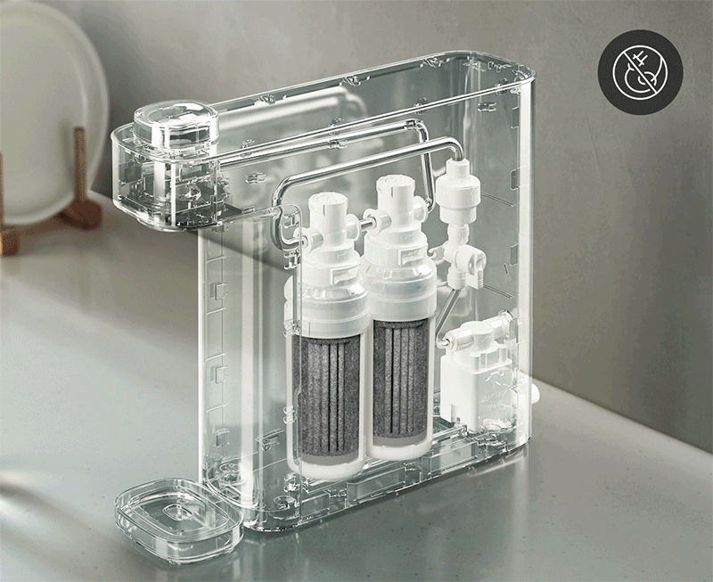 6단계 필터와 스테인리스 직수관 구조를 보여주는 SK매직 에코미니 정수기 내부 정수 시스템