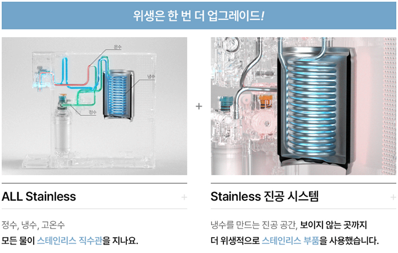 위생적인 물 관리를 위한 스테인리스 직수 시스템과 진공 시스템을 적용한 정수기 구조